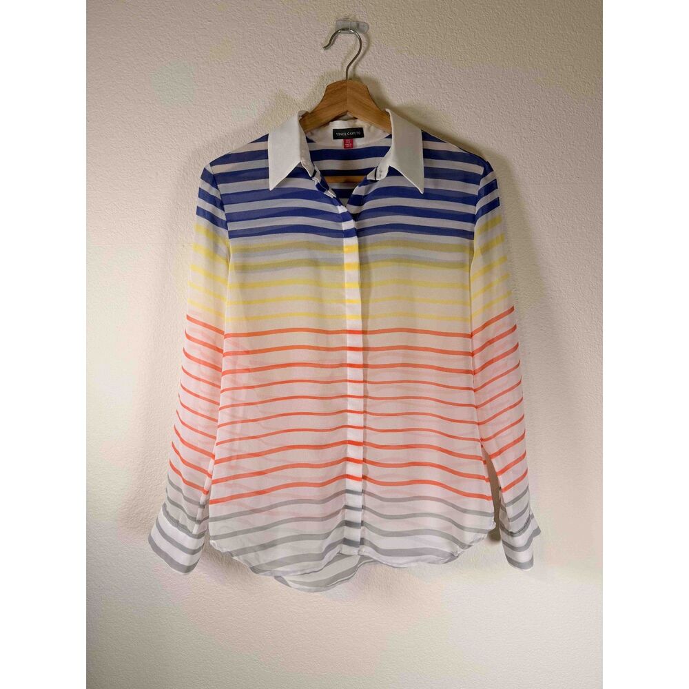 Vince Camuto Sunset Gradient Stripe Sheer Chiffon Button Down Blouse NWOT XS